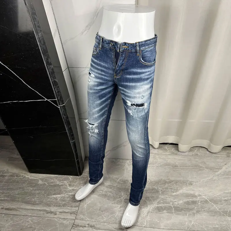 Y2K Designer Fashion New Men's Jeans Wrinkle Painted Scratched Water Washed Stretch Slim Blue Jeans High Street Hip Hop Pants Ho