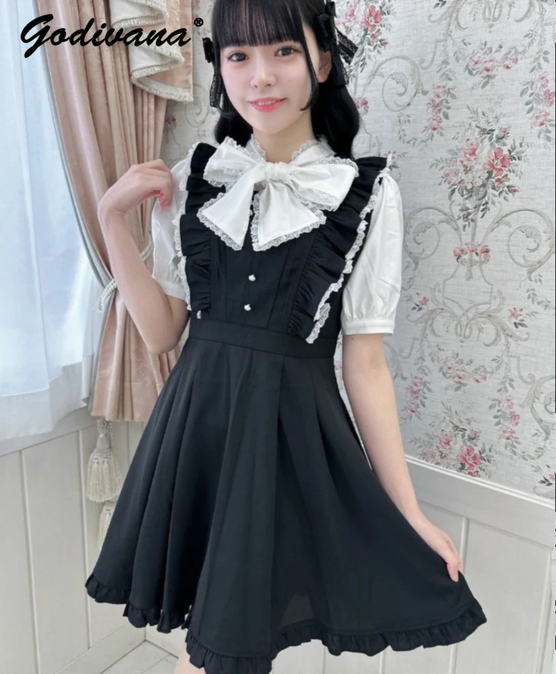 

Japanese New Summer Preppy Style Fake Two-Piece Princess Dress Sweet Pleated Bow Girl Women's Bow Collar Short Sleeve Dress