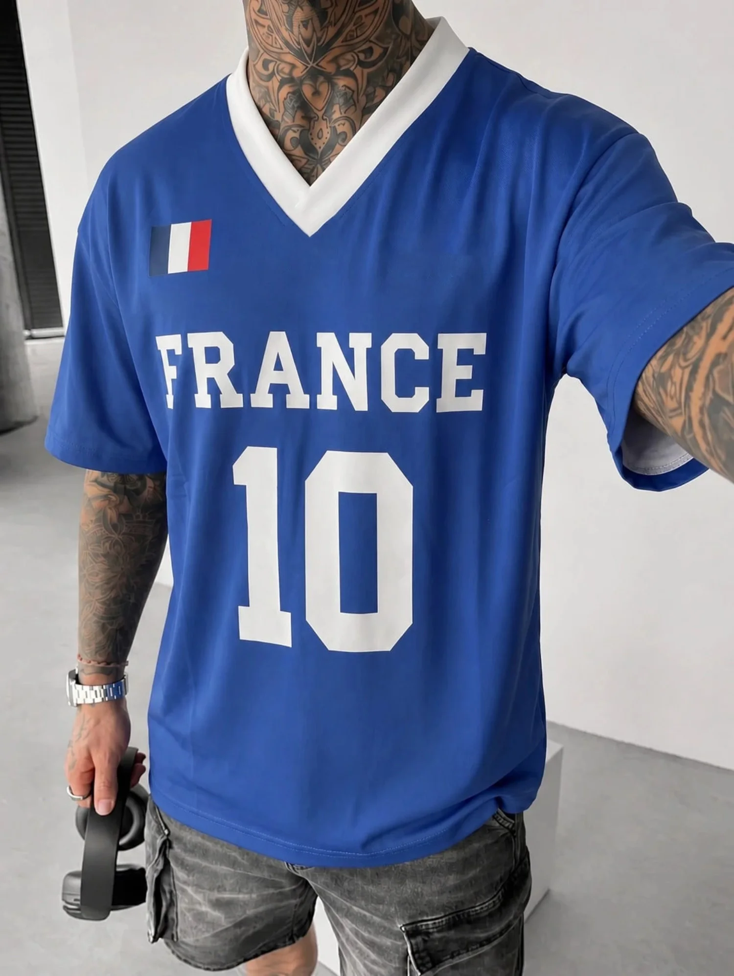 Men's Summer V Neck Short Sleeve T-shirt Blue France 10 Letter Number Print Loose Retro Jersey Casual Street Sports Top