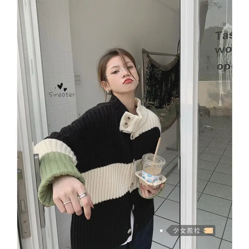 

2022 Autumn New Light Luxury Fashion Striped Turtleneck Sweater Coat Women Loose and Thin Knitted Cardigan Top Boutique Clothing