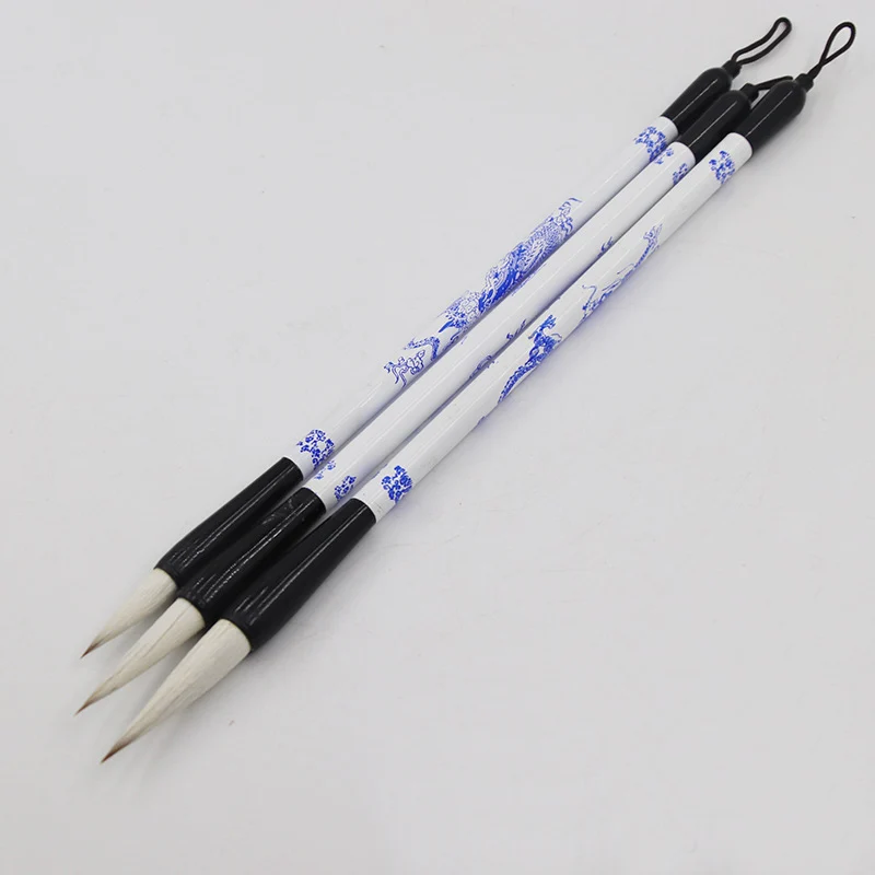 3 Pcs Chinese Writing Brush Set Blue and White Porcelain Pen Holder Traditional Painting Brush Regular Script Calligraphy Pens