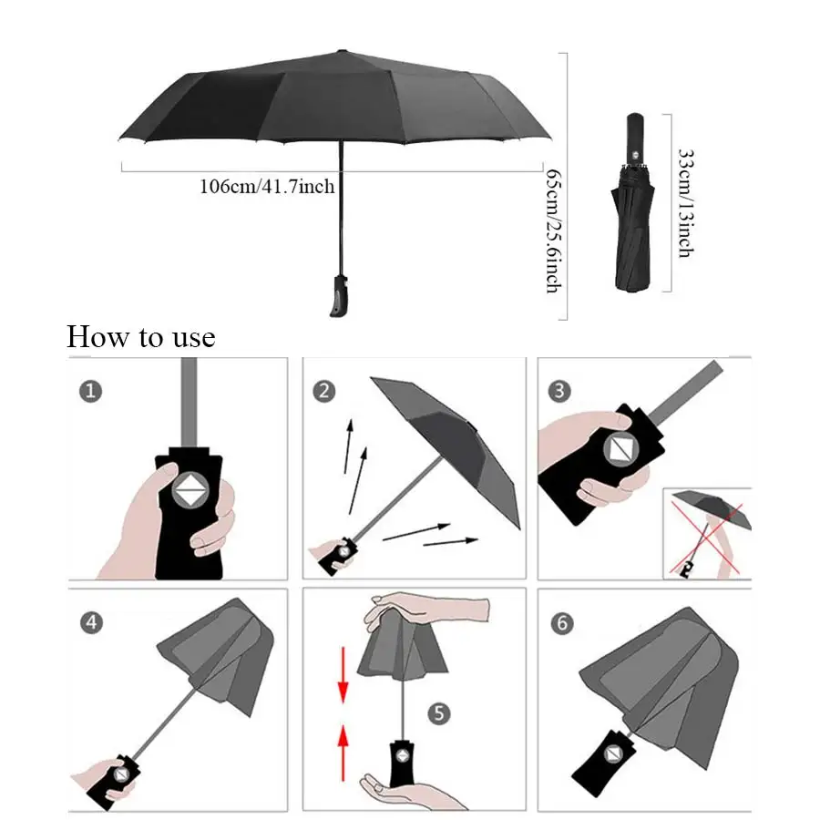 Automatic Umbrella Easy Carry for Men and Women, Windproof Anti-UV 10Ribs, 3 Folding, Wind Resistant, Auto, Luxury, Big