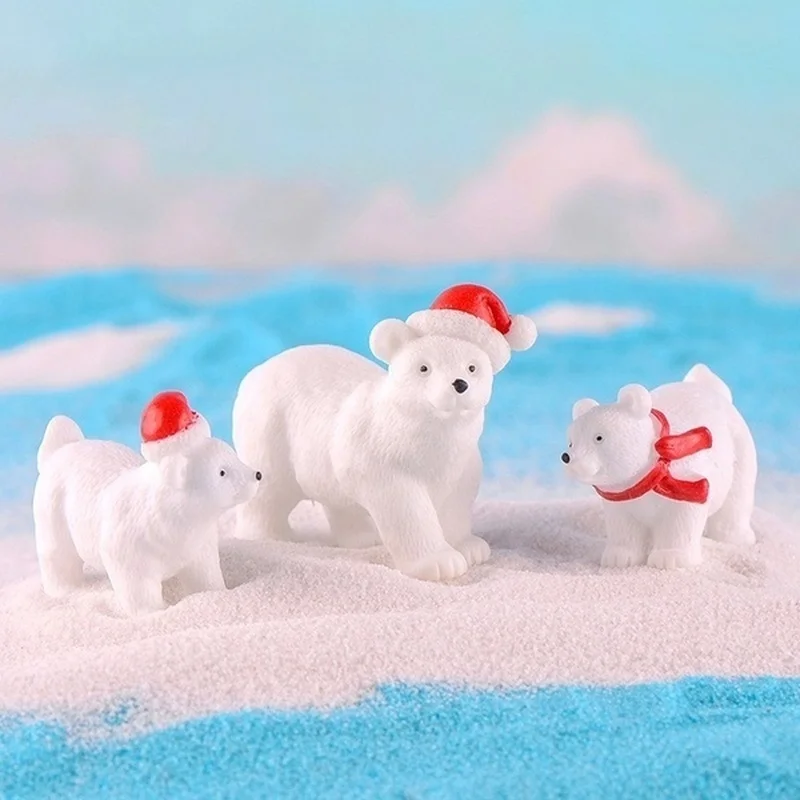 3Pcs Cute Polar Bear Mini Figurines Christmas Micro Landscape Decorations For Desktop Holiday Party Xmas Home Ornament Gift