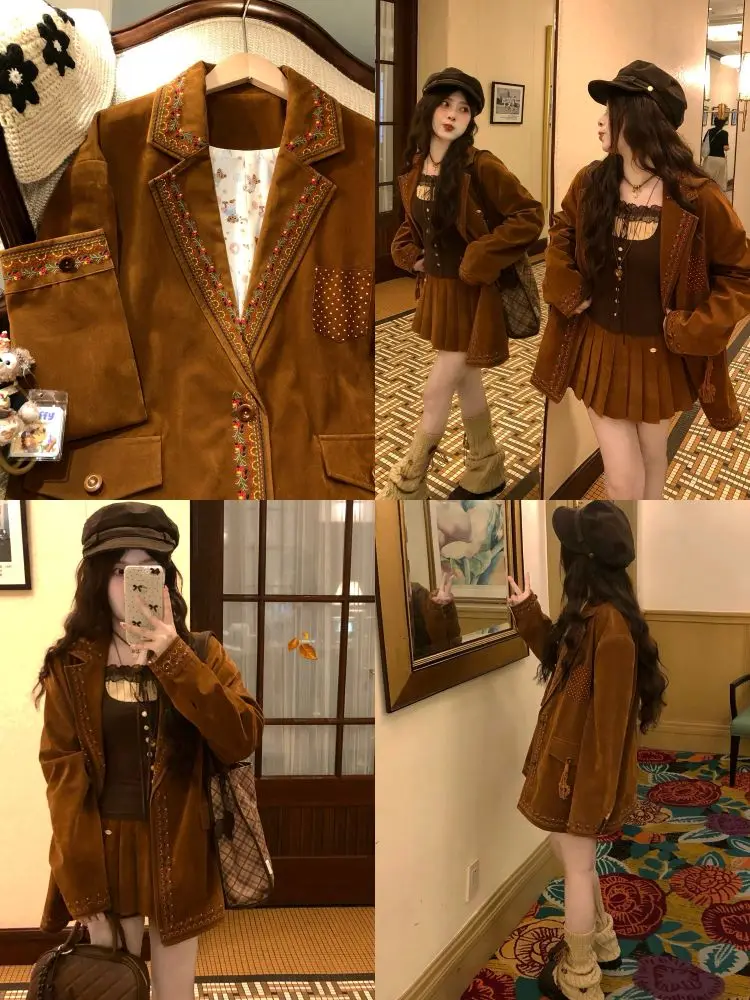 

Модный винтажный бархатный костюм из кожи оленя в стиле пэчворк с цветочным принтом Jaet ALITTLE, женский длинный свек стандартной длины, повседневный деловой костюм...