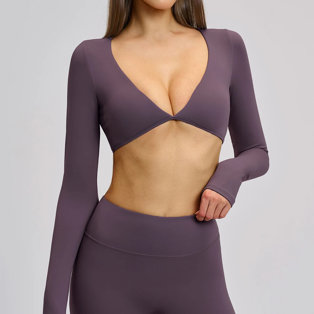 

Сексуальные женские футболки для йоги, укороченные топы, однотонные спортивные топы с длинным рукавом, футболки для бега с открытым пупком, быстросохнущая одежда для фитнеса и спортзала