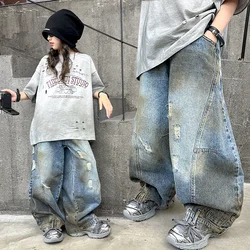 Cowboy Children's Pants Loose Fit Dirty washing design Wide leg Kids Jeans Pants for Girl Fashion Boys Denim Trousers Niche Wear