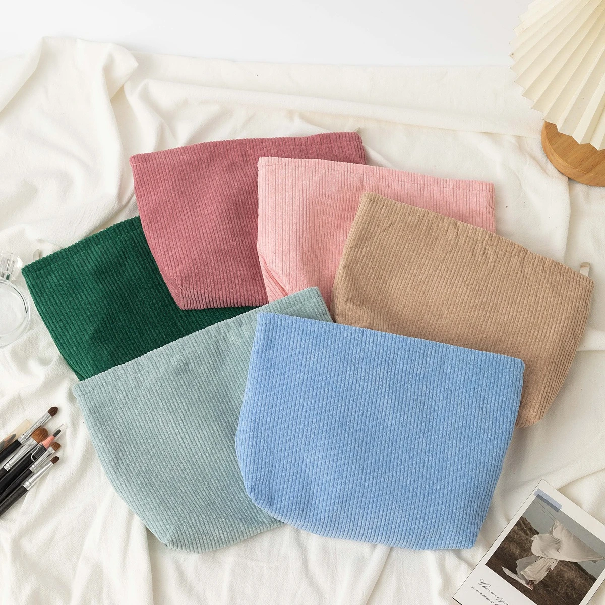 Corduroy Cosmetic Bag Women Korean Solid Color Makeup Organizer Travel Toiletry Pouch Beauty Case