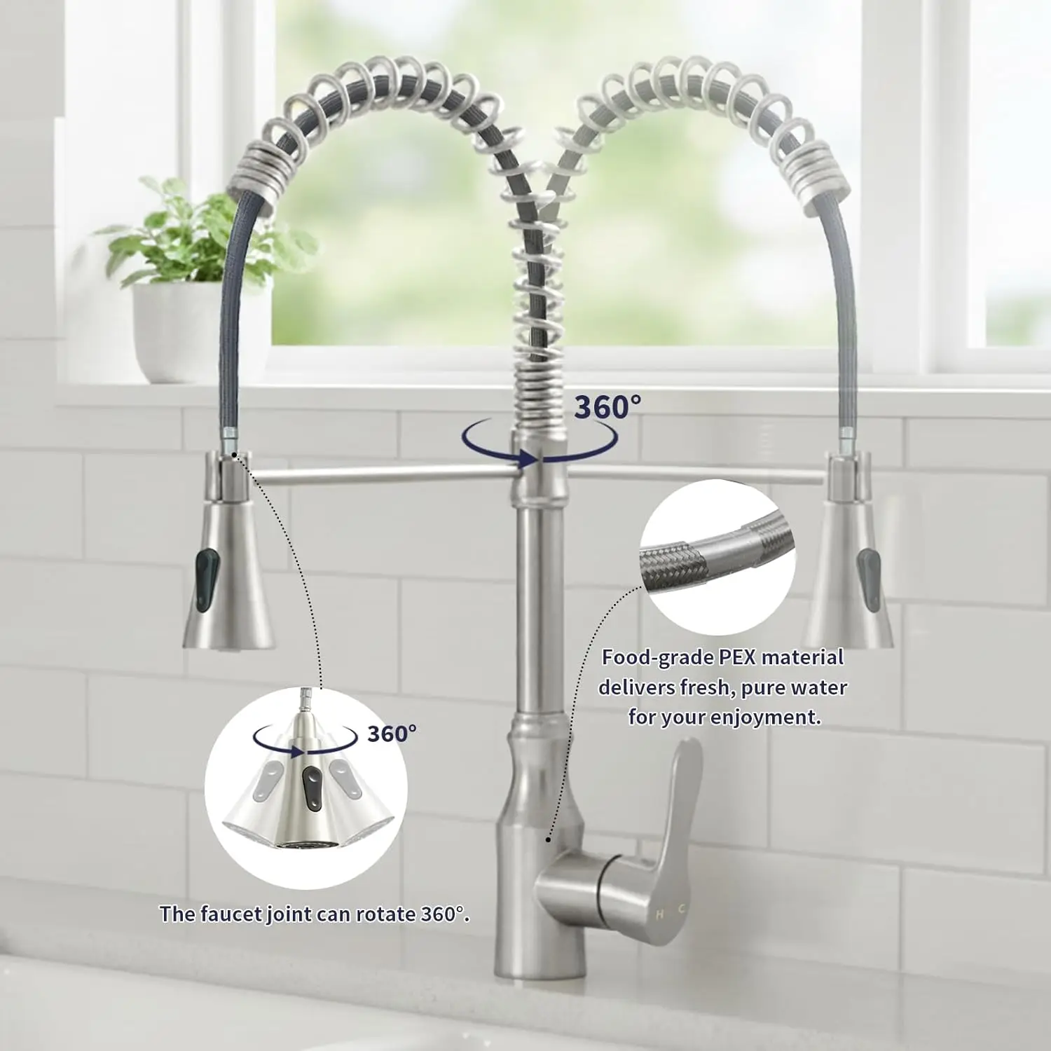 Küchenarmatur aus gebürstetem Nickel mit herunterziehbarem Sprühgerät, kommerzieller Hochbogen-Einzelgriff-Wasserhahn aus Edelstahl für Küchenspüle, 1-Hol