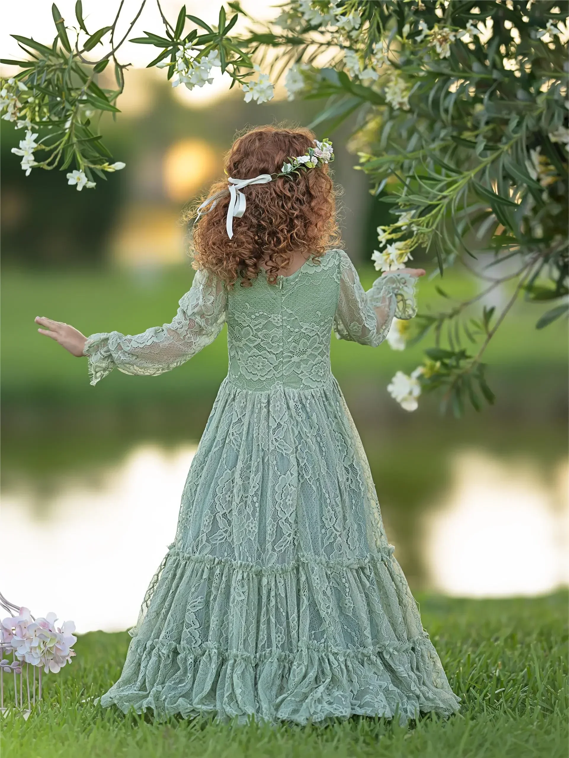 Vestidos de niña de flores verdes personalizados, vestido de desfile para boda, Apliques de encaje, largo hasta el suelo, fiesta de cumpleaños, vestidos de primera comunión