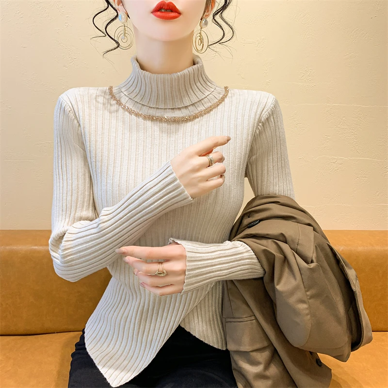 

Women's High Collar Knitted Slim Fit Long Sve Base irt Autumn Winter New Sle Faion Sensation Inner Wear Diamond Embe...