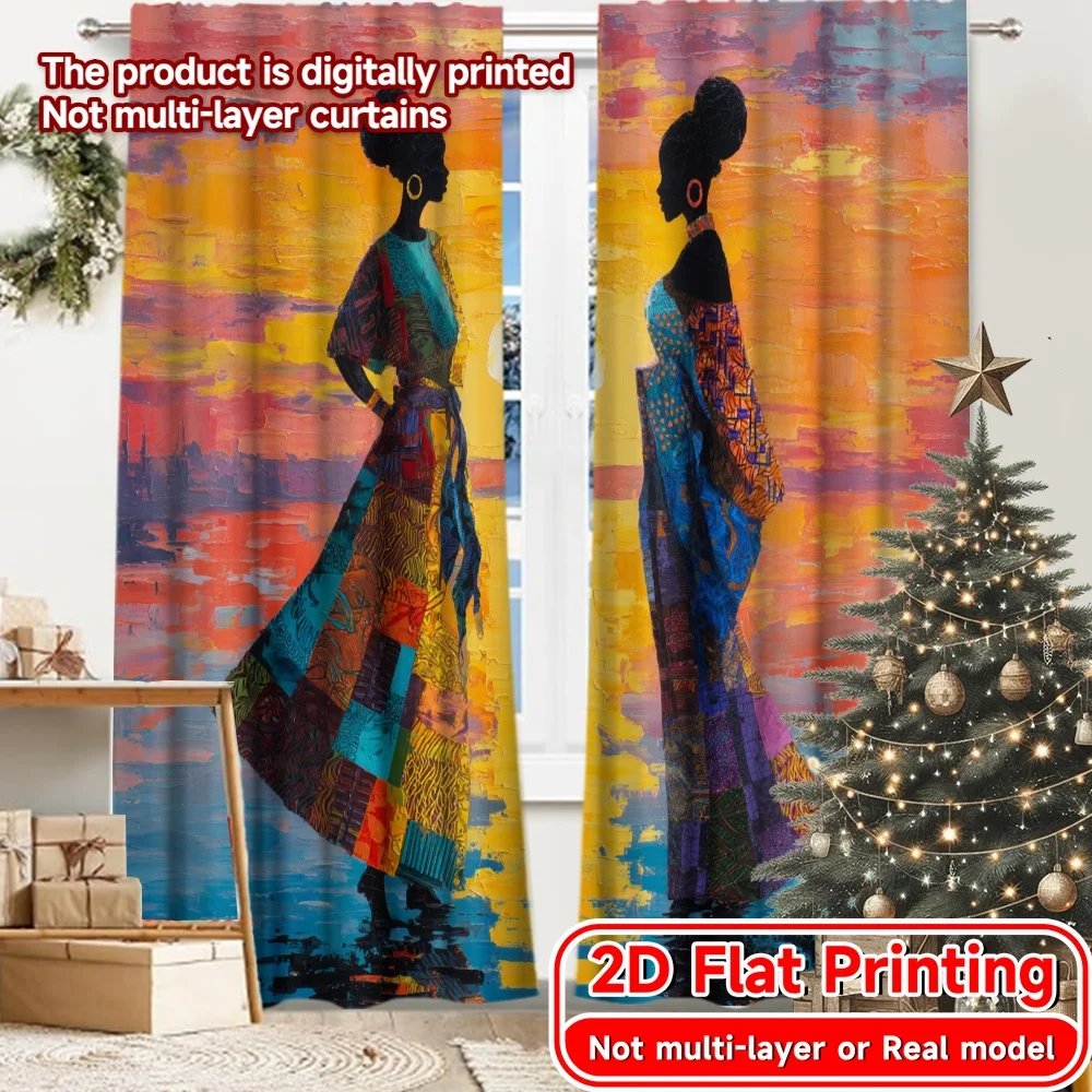 2D Flat Printing,2pcs African Twilight Pattern Chic Curtains Polyester Curtains Holiday Ldeal for Living Room and Bedroom
