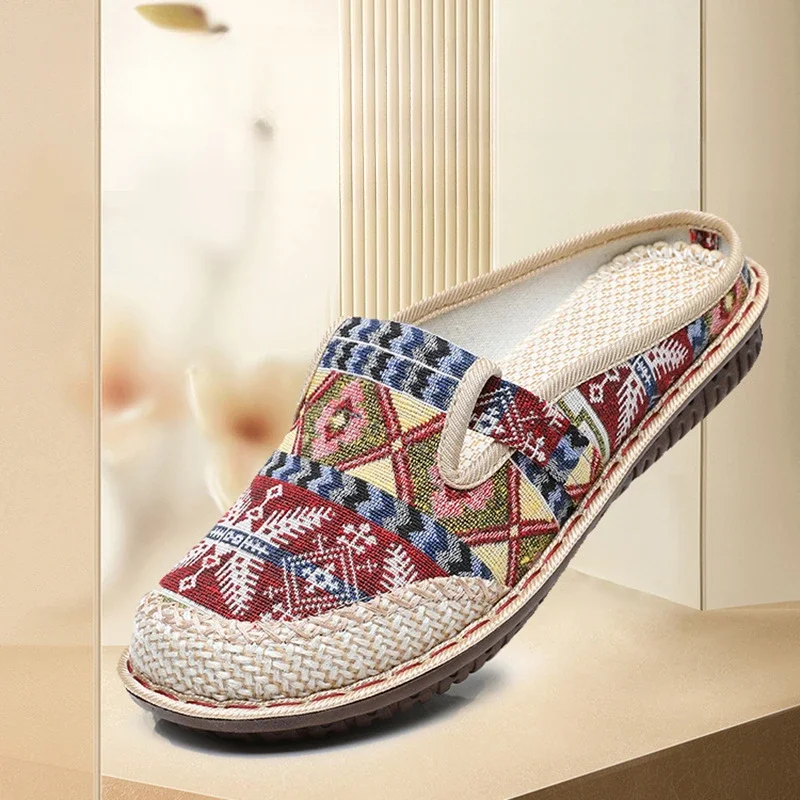 

2023 New Cloth Shoes National Wind Mother Shoes Breathable Linen Grass Embroidered Half Tow Single Shoes