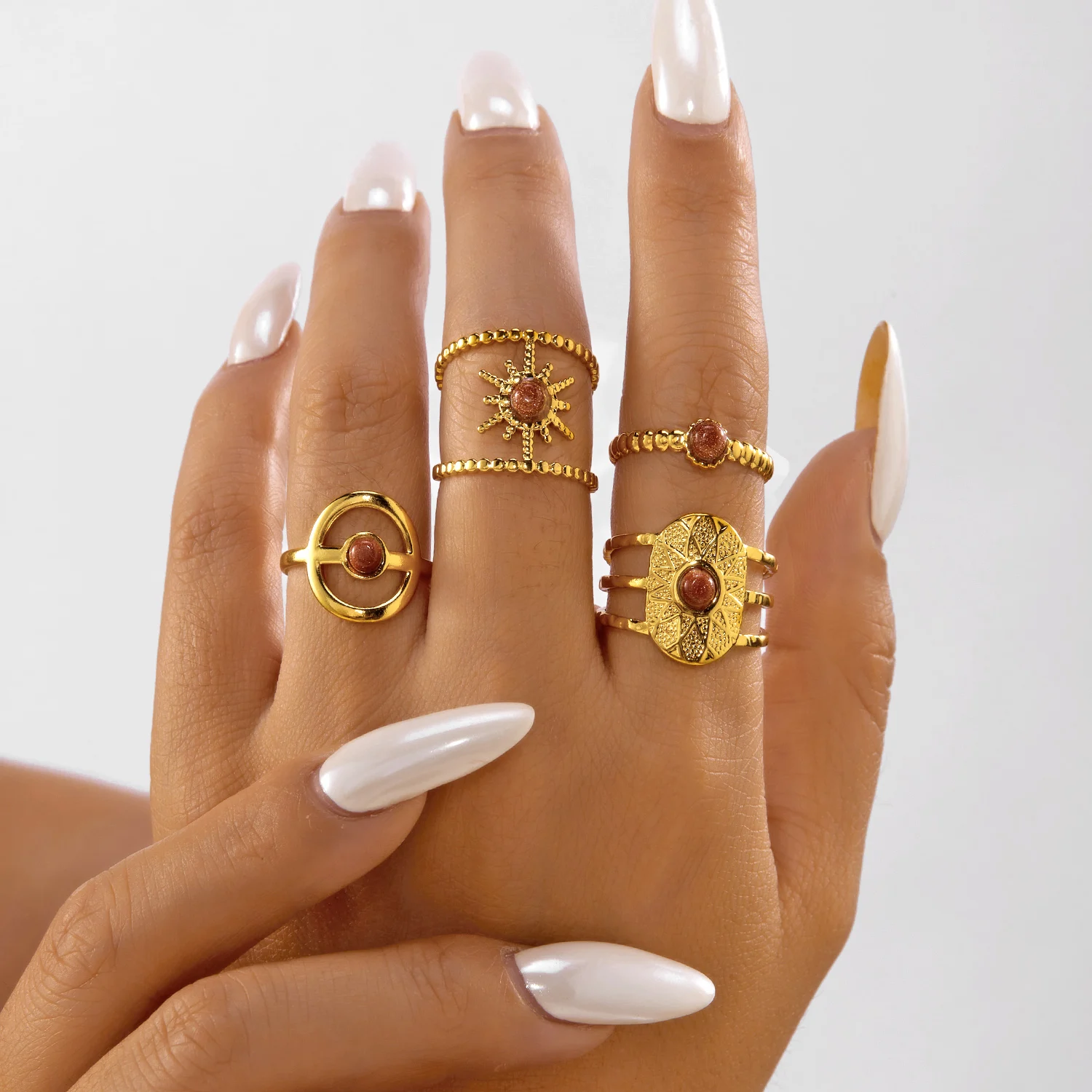 Edelstahl-Ringset mit geometrischem Muster für Damen und Herren, bunter Emaille-Sonnen-Herz-Fingerring, böhmischer ästhetischer Schmuck – Detail 4