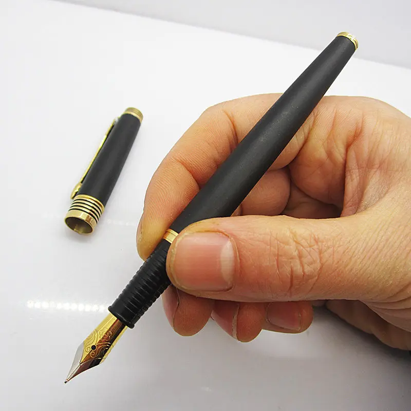 Vintage Hero 399 Fountain Pen, Fine Nib, Calligraphy Classic Writing Office Pen, Black Sand Gold Plated Clip