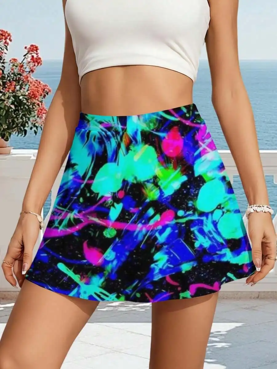 

Abstract Neon Paint Splatter Women Summer Mini Skirt Breathable A-Line Casual Skirt