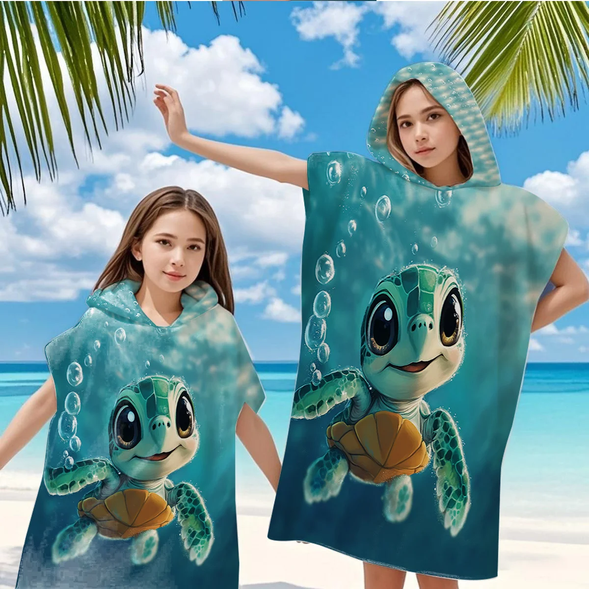 Niedliches Meeresschildkröten-Kapuzen-Strandtuch mit Flachdruck, Ozean-Tier-Surf-Poncho für Kinder, Mikrofaser-Bademantel, Schwimmbad-Umhang