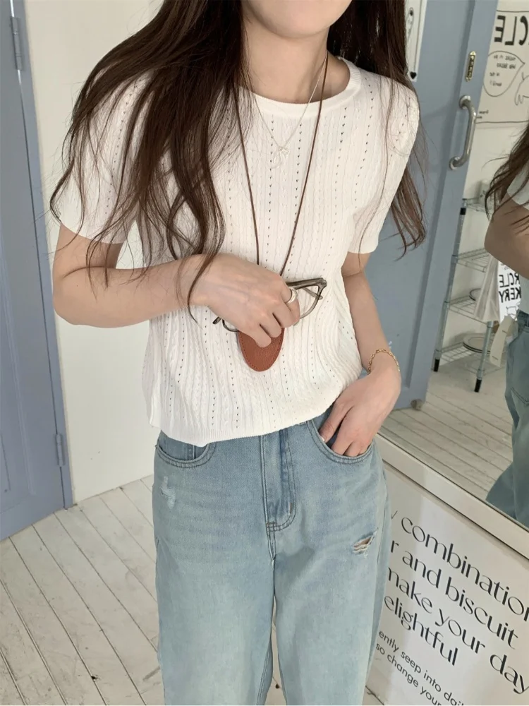 

Peach Color Hollow out Ice Silk Knitted ort Sve T-irt Women's Summer Unique Beautiful ort Sle Super Good Looking Top