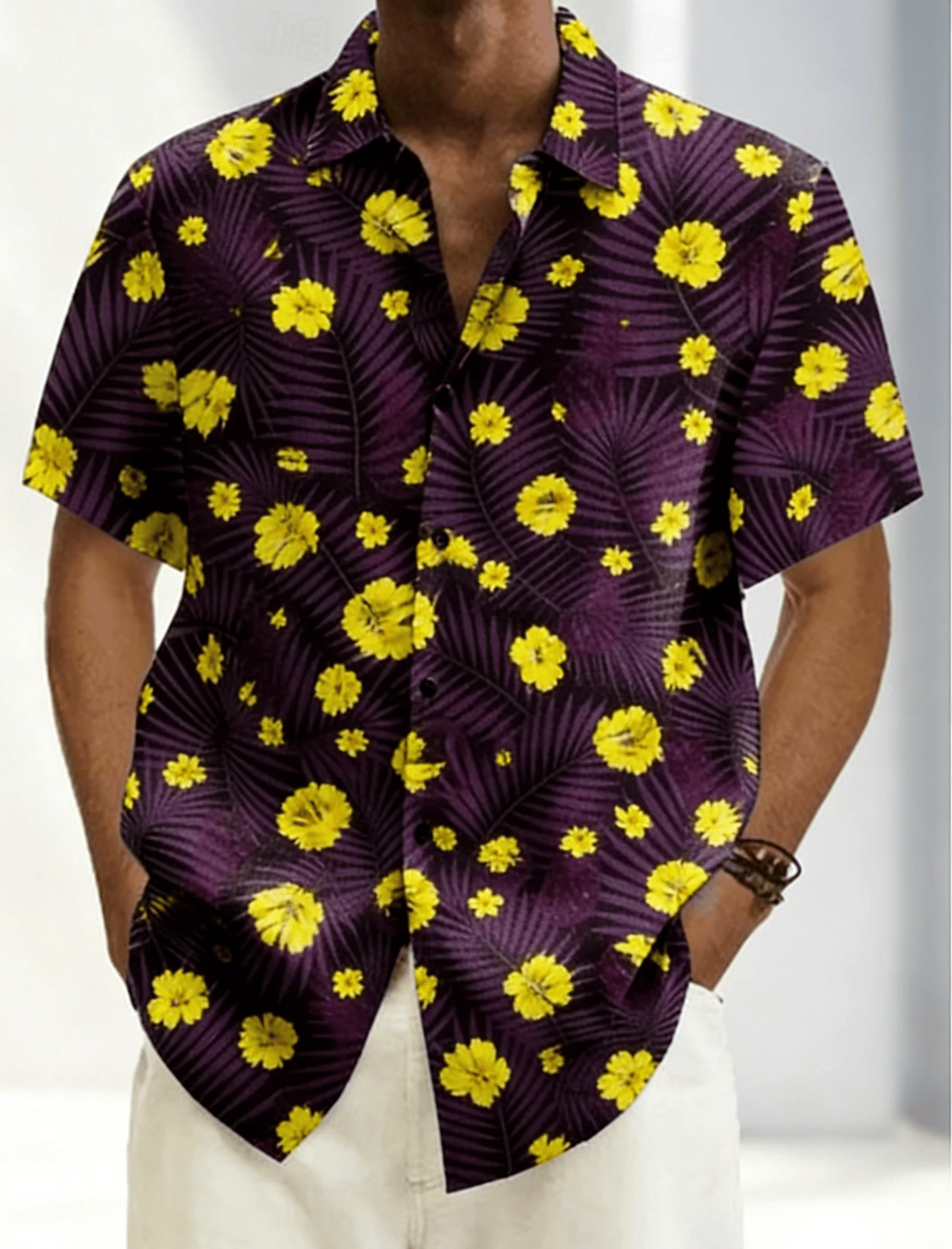 

Men's Black Background Leaf Print Short Sleeve Shirt, Spring Summer Retro Hawaiian Blouse, Loose Casual Top