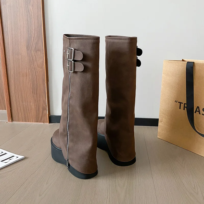 Trouser Legs Long Boots For Women High-Top Leather Belt Buckle Botas Largas De Mujer Side Zipper Shoes Platform Wedges High Heel