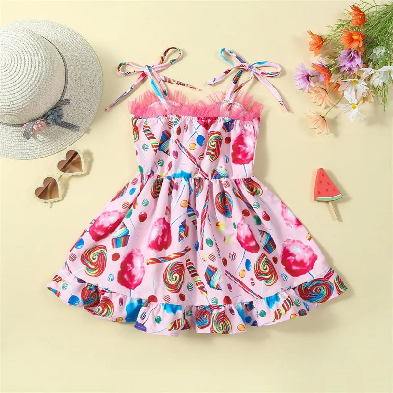 

Toddler Girls Summer Casual Beach Dress Pink Sleeveless Candy Print Spaghetti Strap Dress