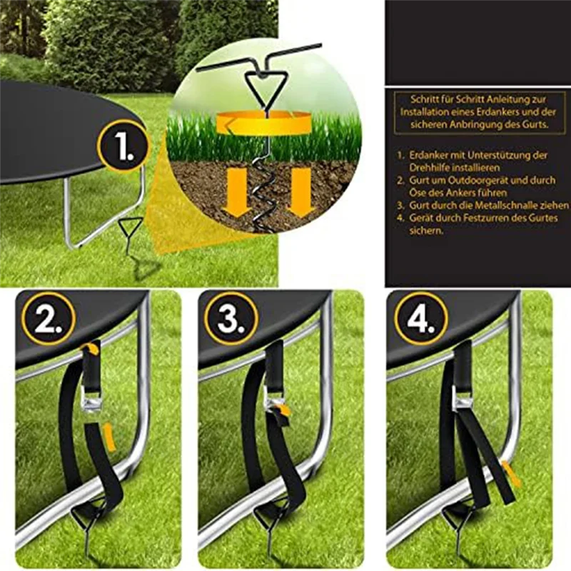 AA01-4 Ancoraggi a terra, set da 9 pezzi, attacco per trampolino, acciaio di diametro di 1 cm per avvitare, 4 cinghie e ausilio per tornitura