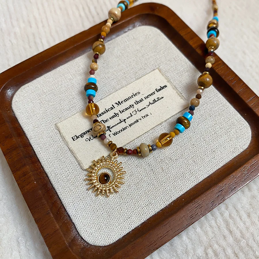 Vintage Sunflower Beaded Necklace with 18K Gold Plating