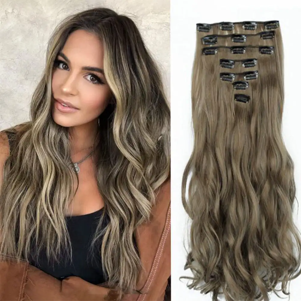 Synthetic Fiber Wig Hair Extensions 16 Clips 7Pcs/Set Hair Extensions Water Wave Pattern Hair Extensions Suitable for Daily