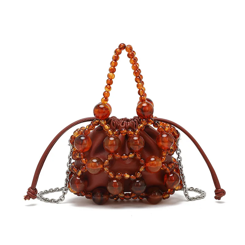 

Fashion Acrylic Beaded Hollowed-out Small Evening Bag Pu Leather Drawstring Design Luxury Clutch Purse Chain Crossbody Bag
