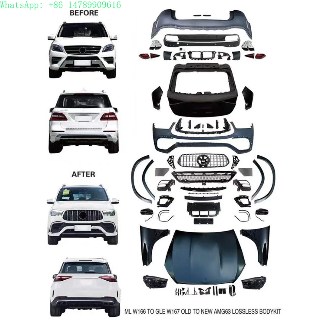 Body Kit for  ML W166 to GLE W167  63 Model, Featuring a Bumper, Grille, Hood, Fenders, and Headlights.