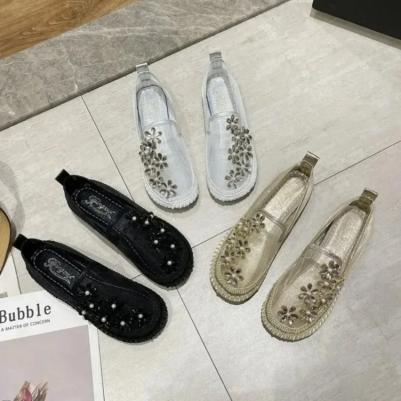 Summer Womens Casual Flat 2024 Rhinestones Flats Ladies Single Shoes Air Mesh Round Toe Loafers Female EU Size 35-40 PW135