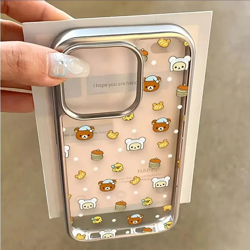 Full-screen bear cookie pattern transparent phone case, suitable for IPhone 17/16/15/14/13/12/11 Pro Max electroplated silver ca