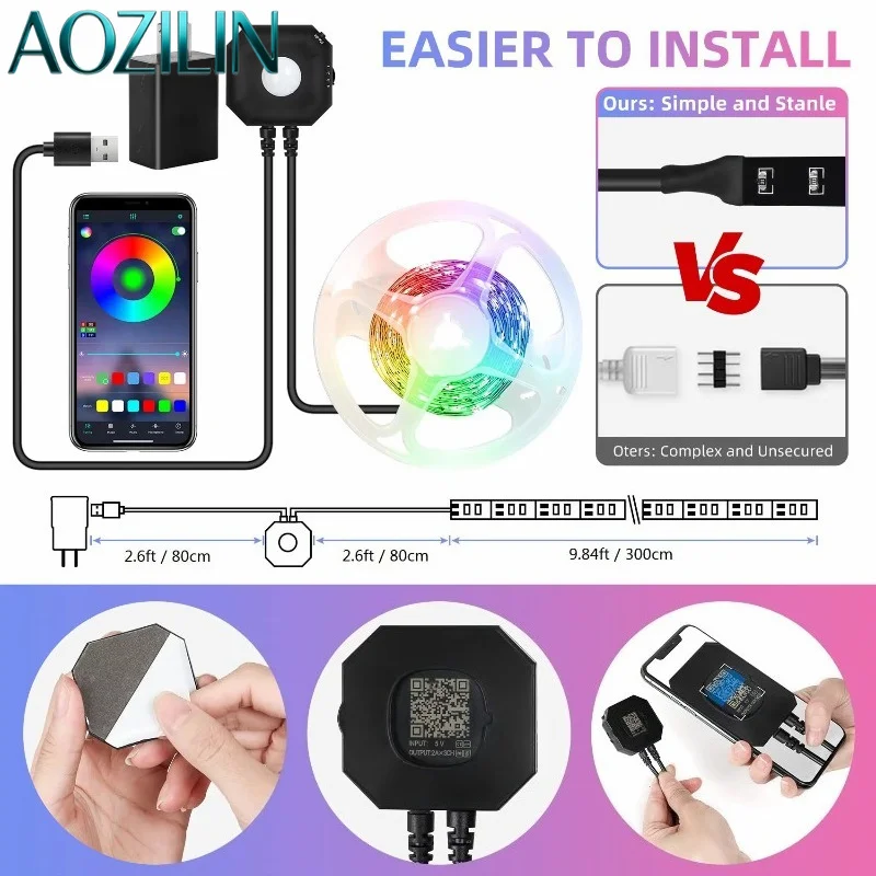 9.8ft Motion‑Sensor RGB LED Strip Light,Remote‑Controlled Under‑Bed Night Lamp for Bedroom Indoor DIY Ambient Lighting Accessory