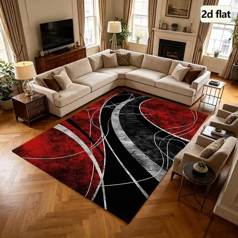 1 Piece Of Abstract Red Black Geometric Line Art Carpet, Soft, Comfortable, All Seasons, Easy To Maintain, Home Decor For Living Room, Bedroom, Dining Room, Autumn, Winter
