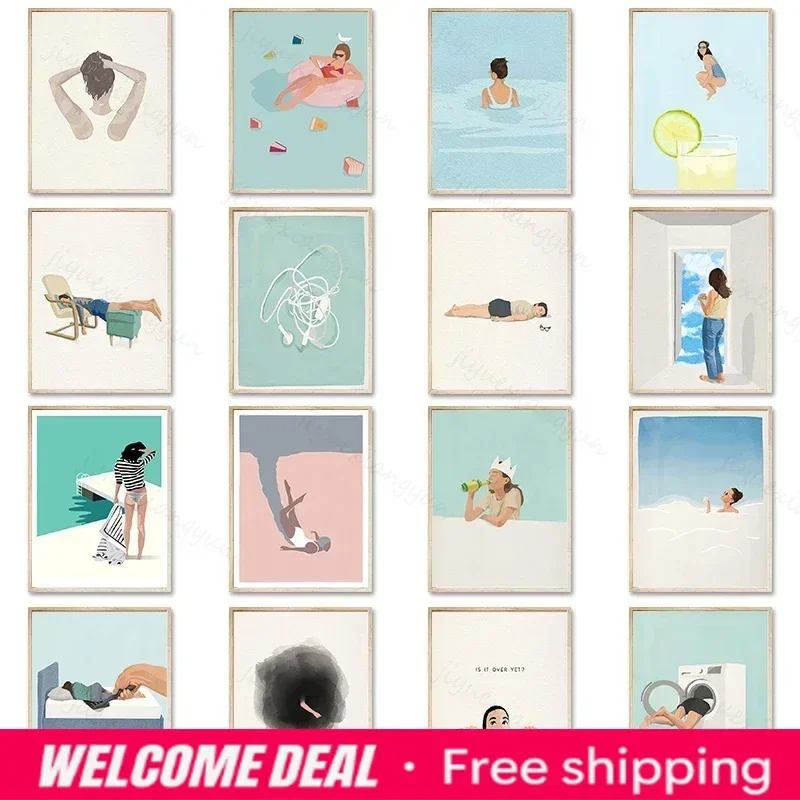 Modern Abstract Wall Art Swimming Girl Minimalist Living Creative HD Canvas Poster Prints Living Room Bedroom Home Decor