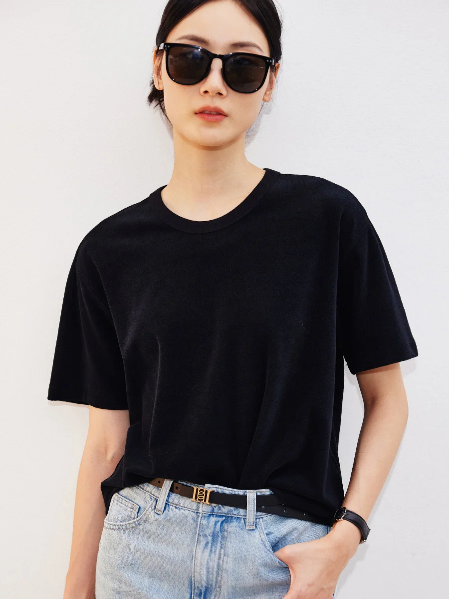 

Pure Color round Ne T-irt Cotton Polyester Mixed Loose Fit Vintage Towel Velvet Series Versatile Slimming Effect Summer Top