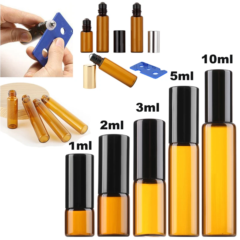 5 szt. Puste buteleczki z bursztynowego szkła na olejki eteryczne z aplikatorem roll-on, mini fiolki, pojemniki na próbki do aromaterapii i perfum, 1/2/3/5/10 ml