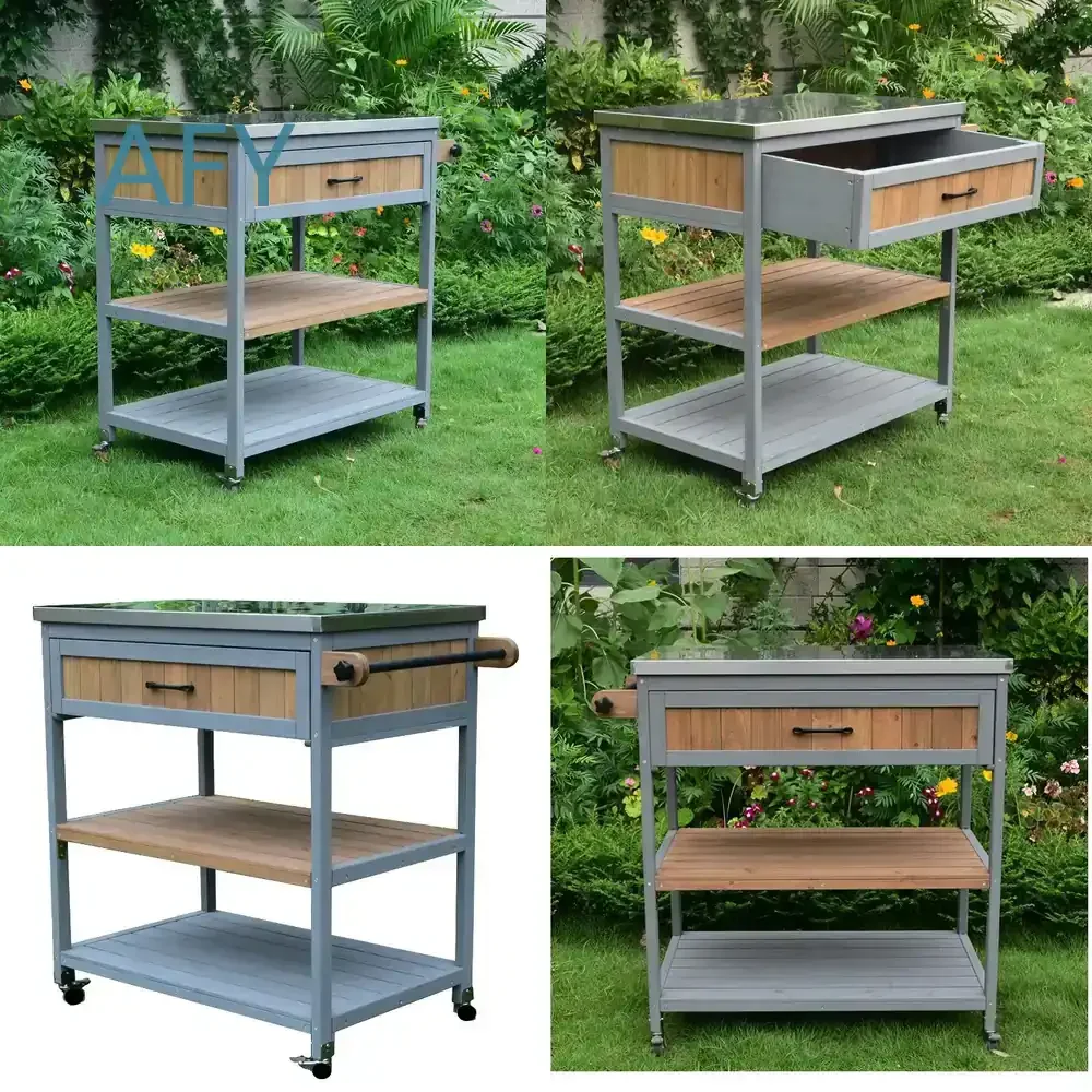 Solid Wood Outdoor Dining Cart for Home Garden Use with Wheels Movable Storage Console Meal Prep Station Serving Cabinet