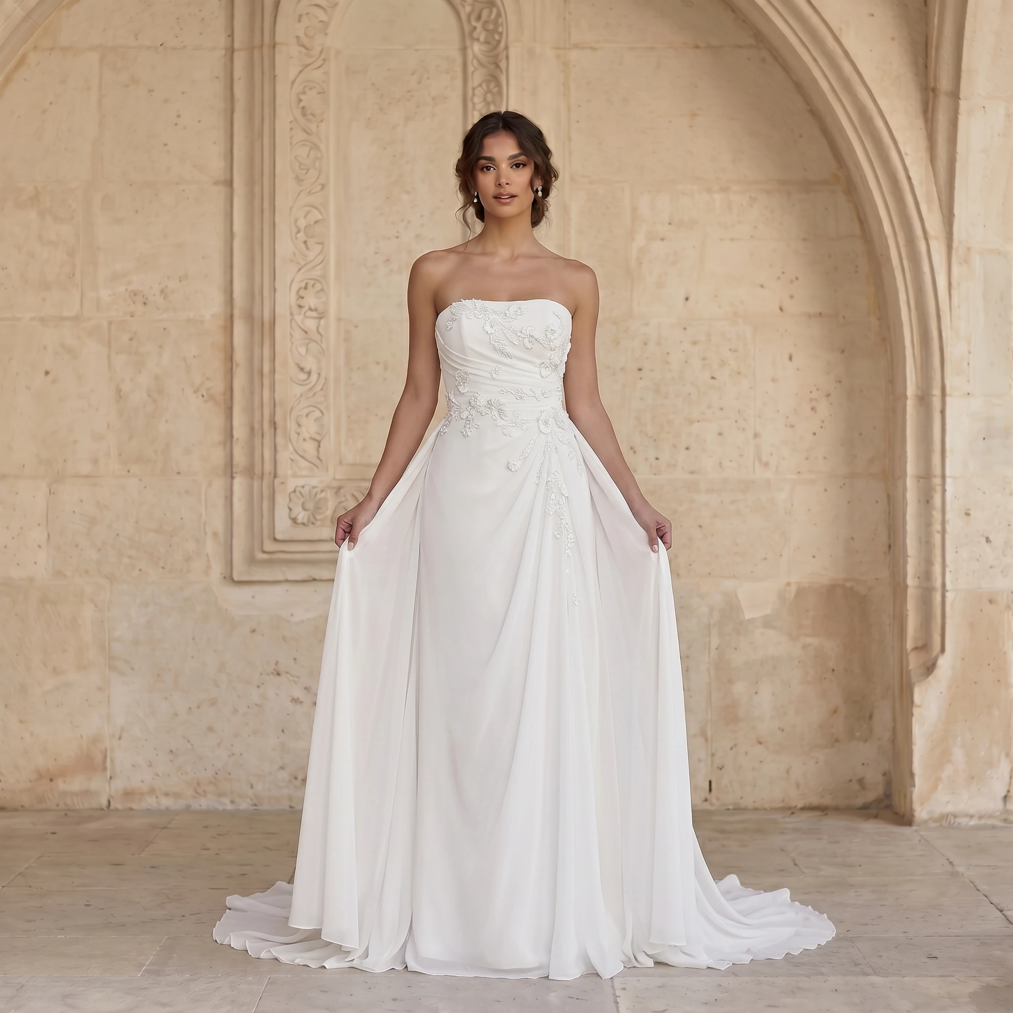 Strapless Ruched Chiffon A Line Wedding Dress Floral Lace Appliques Zipper Back Flowy Chapel Train Bridal Gown