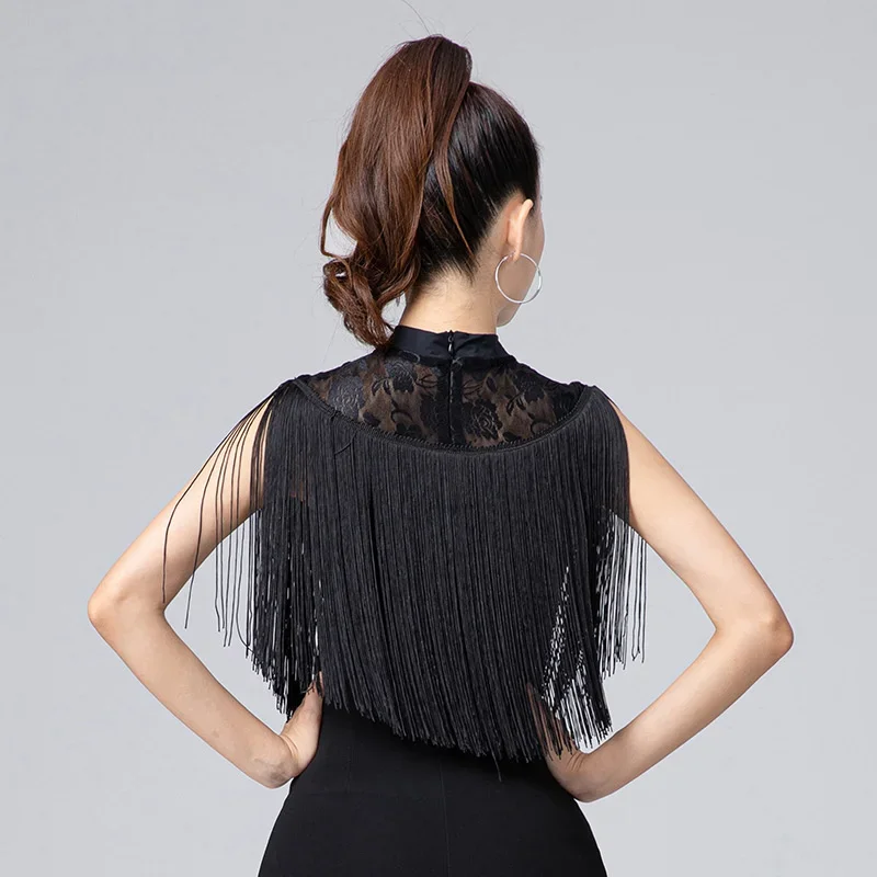 Women Latin Dance Performamnce Tops Tassel Fashion Sexy Lace Neck Fringe Design Latin Dancing Dress Cloth Tango Chacha Dancing