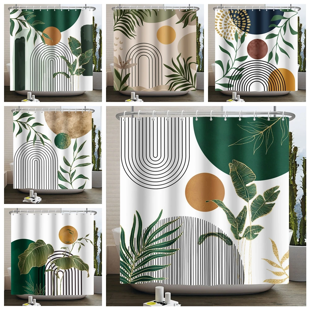 Mid Century Abstract Boho Shower Curtain Green Leaf Plant Modern Arch Sun Minimalist Nordic Waterproof Bathroom Bath Curtain