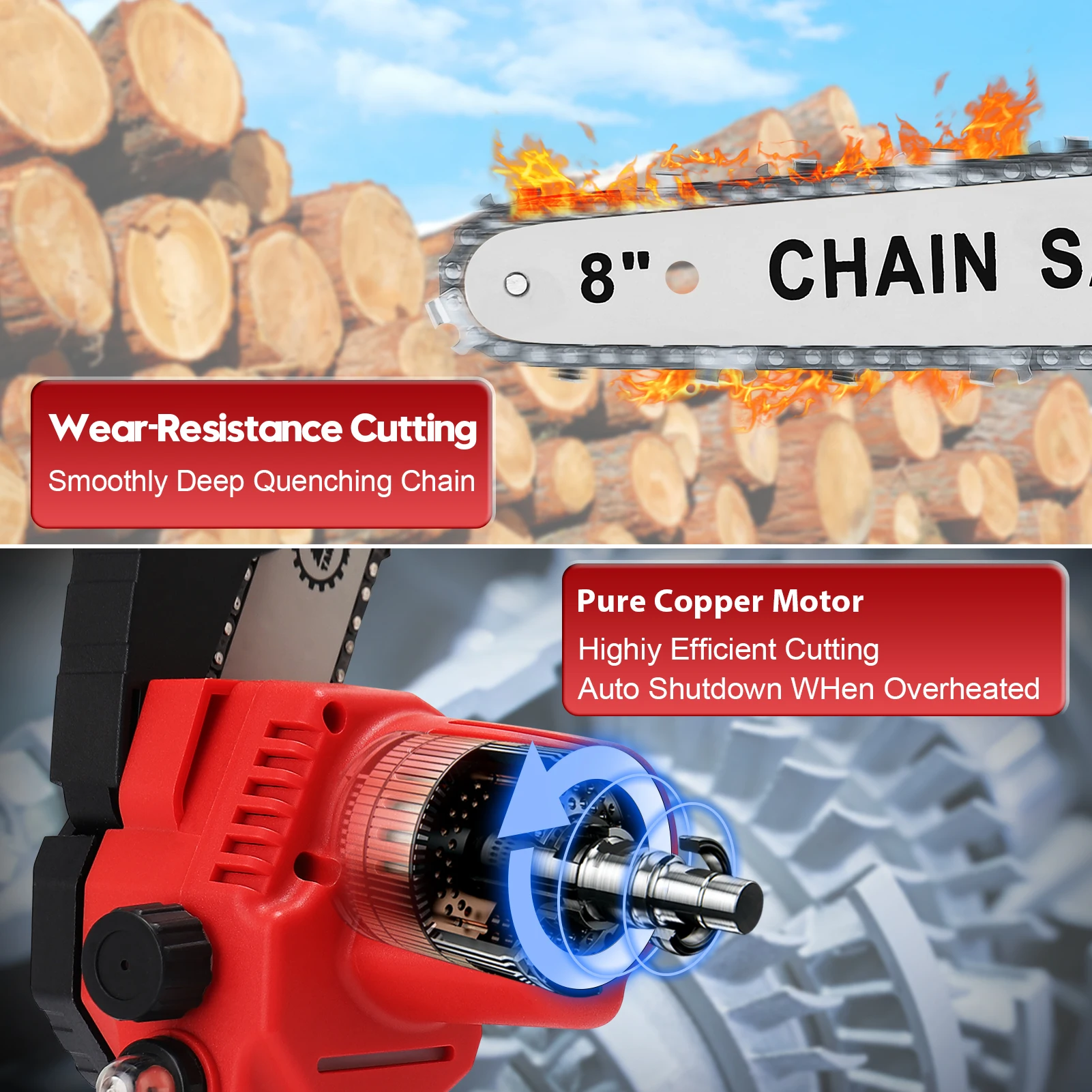 Electric 8 Inch Mini Cordless Chainsaw 21V Portable Chain Saw with 3000mAh Battery Toolbox For Home Wood-Cut Trimming