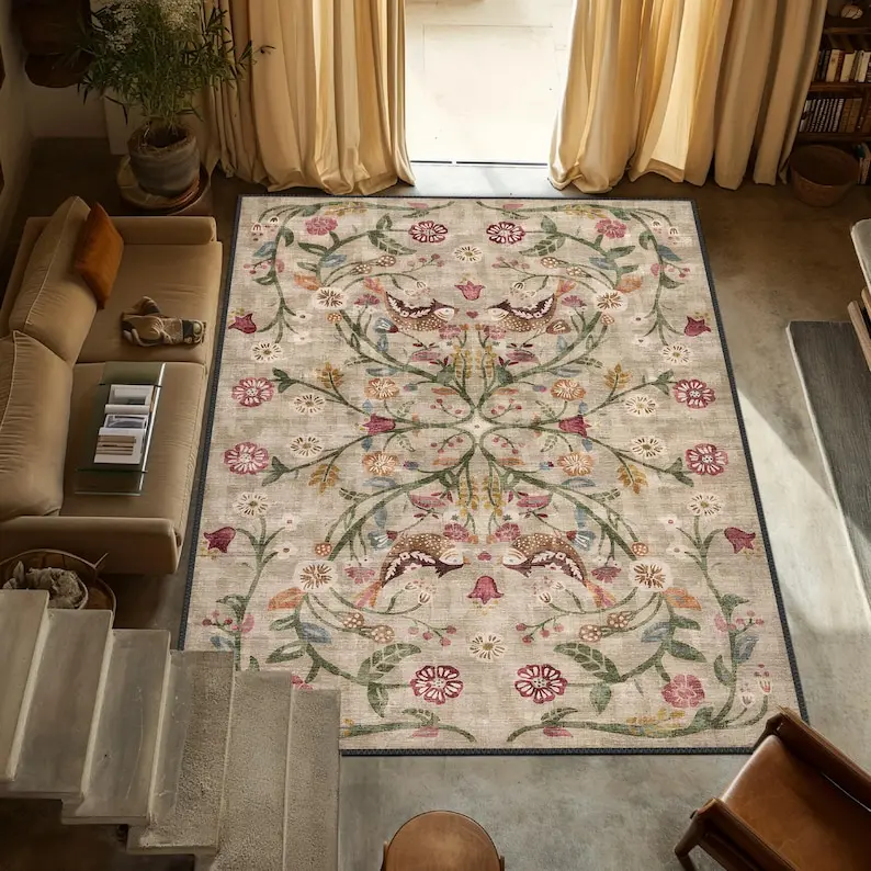 Boho Chic Turkish Traditional Floral Rug Washable Non-Slip Large Distressed Area Carpet for Living Room Bedroom Decor