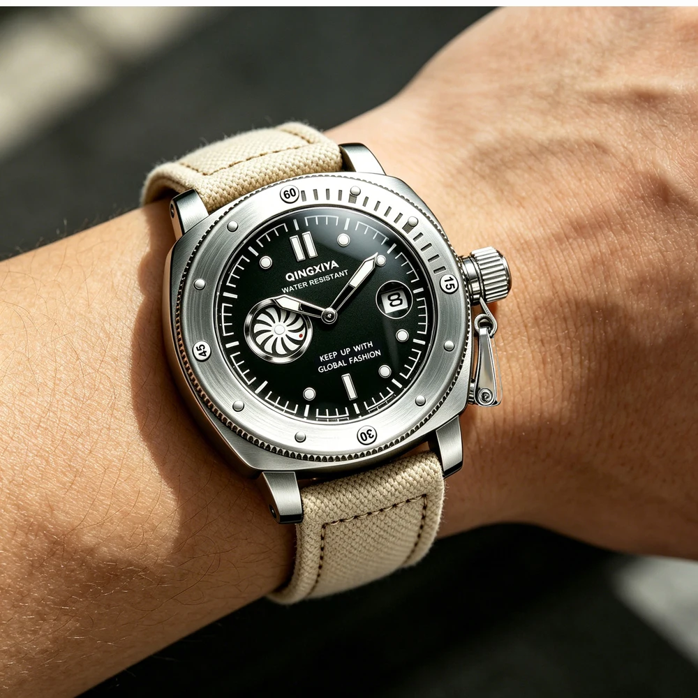 QINGXIYA Brandneue modische Quarzuhr mit zweitem Zifferblatt für Herren, hochwertiges Canvas-Armband, wasserdicht, Kalender, Sportuhren für Herren – Detail 14