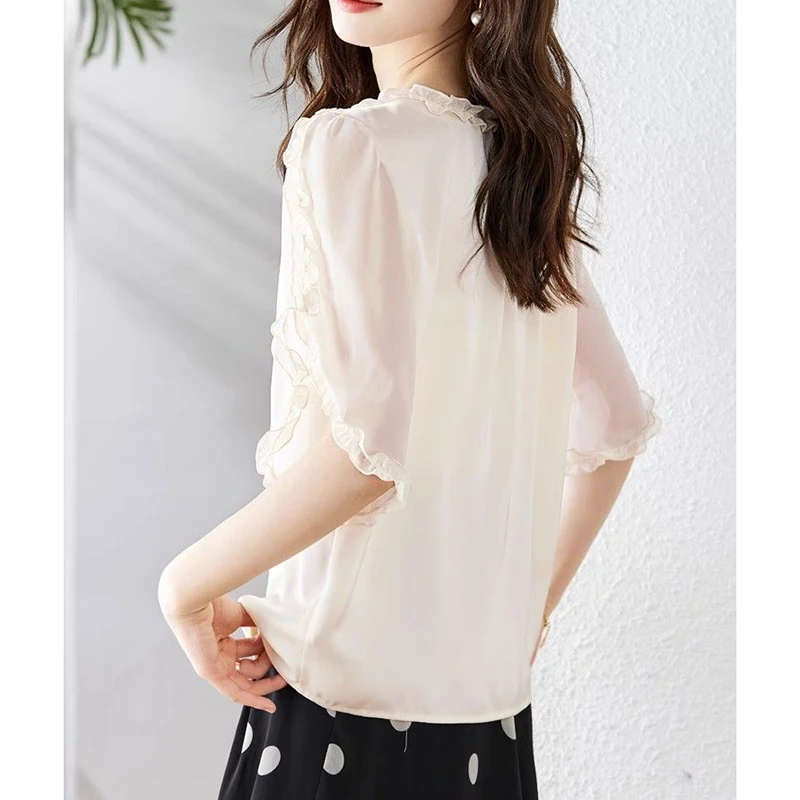 Elegant O-Neck Solid Color Folds Ruffle Flare Sleeve Blouses Women Clothing 2024 Summer New Loose Korean Tops Office Lady Shirts