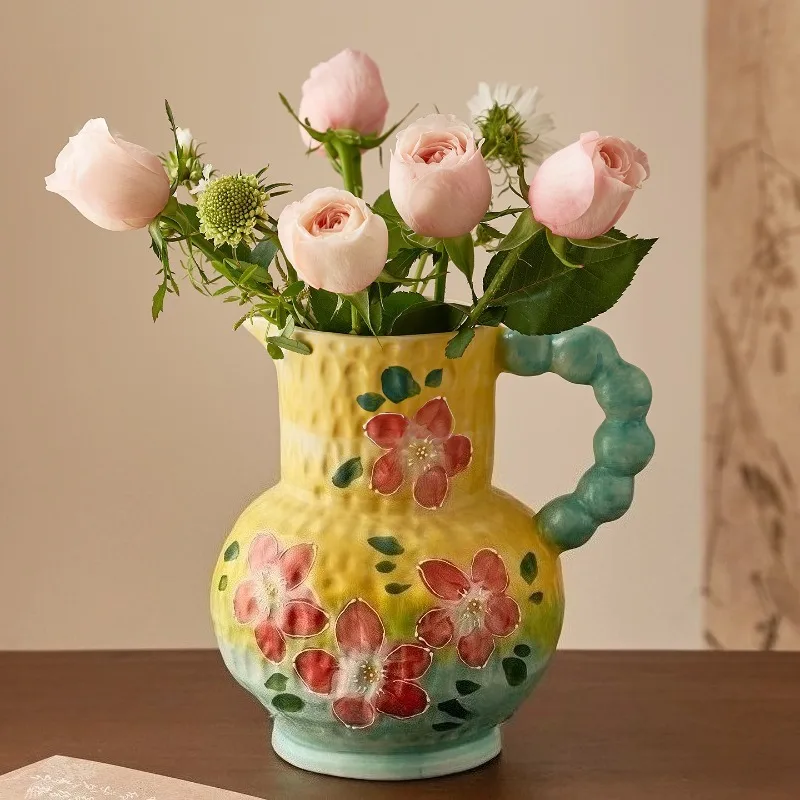 Hand‑painted Ceramic Vase Floral Patterns Vintage Flower Pot Living Room Ornament Vases Rustic Home Tabletop Decorative Ornament