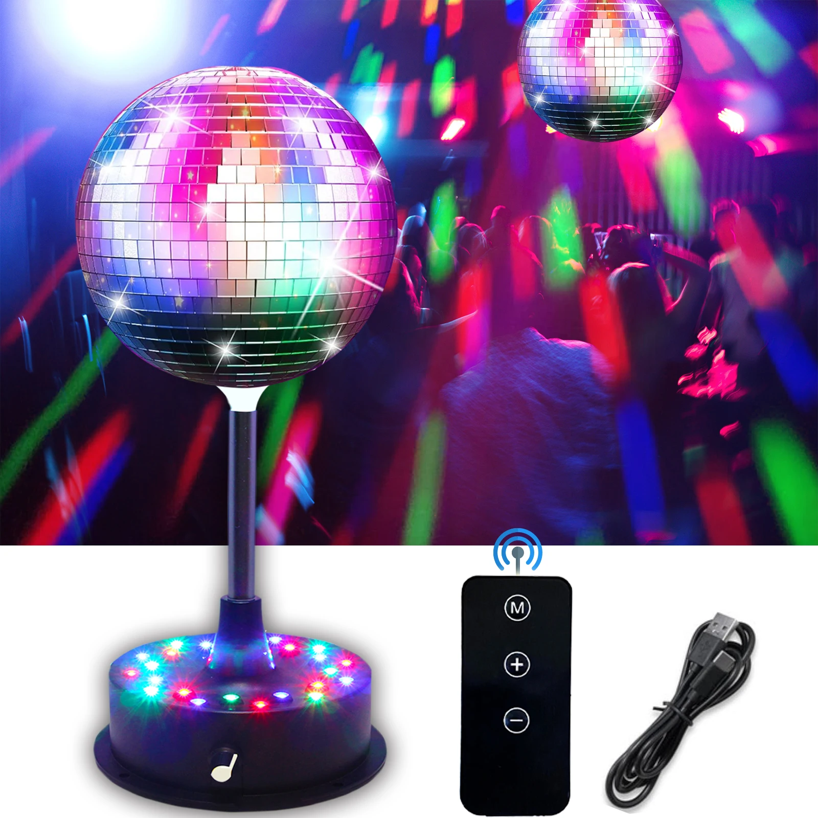 Remote Control 6 Inch Rotating Mirrors Disco Ball Light with 5RPM-9RPM Adjustable Rotary Motor Base 24 RGB LED Mood Lights