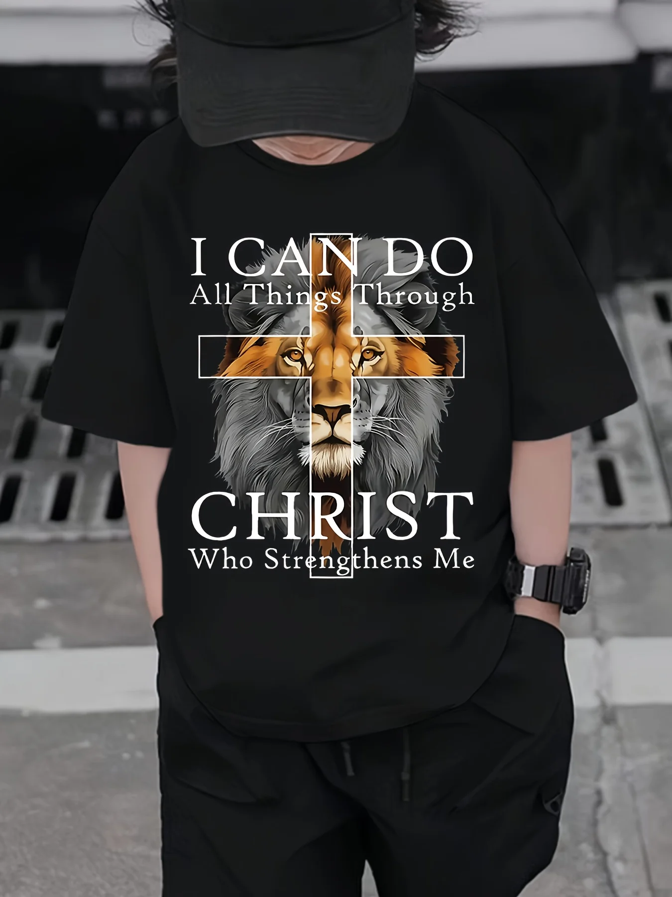 

Boy Christian Faith Cotton T-Shirt "I Can Do All Things Through Christ Who Strengthens Me" Inspirational Tee Lion Graphic Tshirt