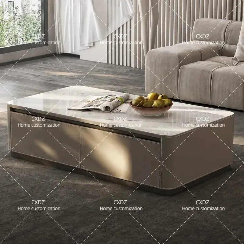 Modern Minimalist Square Coffee Table with Stainless Steel Base and Rock Slab Top for Living Room