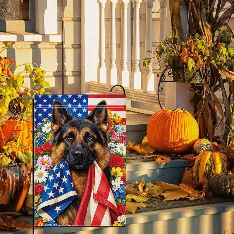 Patriotic German Shepherd Garden Flag 12x18 Inch, Double Sided Polyester Outdoor Yard Flag with American Flag Dog Floral Des PPZ