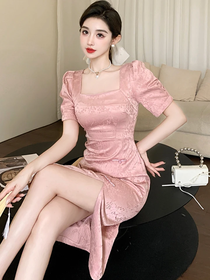 pink oriental jacquard bodycon dress 2026 Pink Jacquard Satin Luxury Long Dress Women Elegant Bodycon Chic  Evening Dress Summer Korean Fashion Casual Party Vestidos